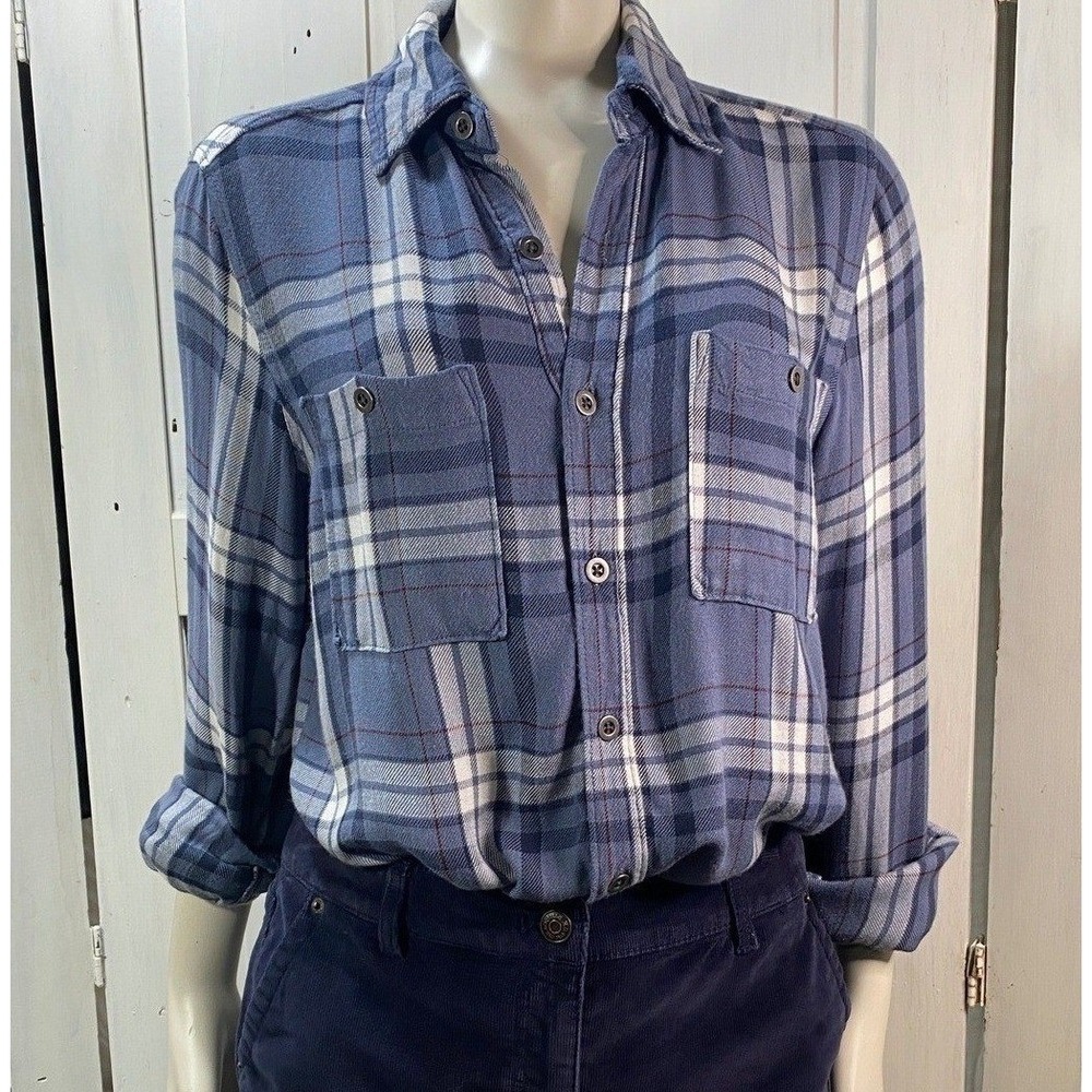 Kendall & Kylie Plaid Button Down Shirt Blue White Women's‎ XS Rayon